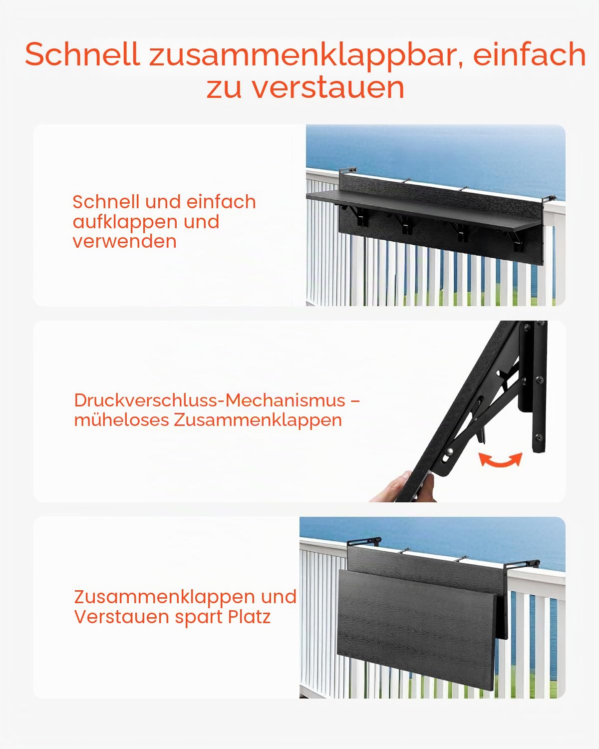 VEVOR Balkontisch, 1500x300 mm, klappbarer Balkonhängetisch, Klapptisch für den Außenbereich, 22 kg Tragkraft, passend für Geländer von 2,54 bis 15 cm, Serviertisch für Terrasse und Deck