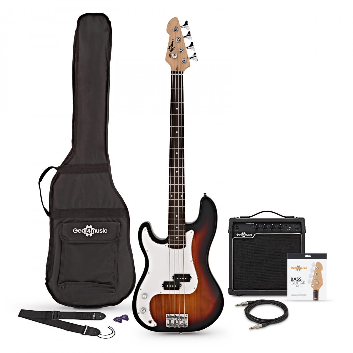 LA Linkshänder-Bassgitarre + 15-Watt-Verstärker mit Zubehör, Sunburst | Perfekter Bass für Jüngere Linkshänder-Anfänger, Klarer Druckvoller Ton, Leichte Hölzer, 15W-Verstärker Inklusive