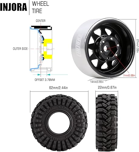 Vista 17 de INJORA 1.0 Beadlock - Juego de neumáticos de rueda de desplazamiento de 0.149 in para 1/18 1/24 RC Crawler Car Axial AX24 SCX24 FMS FCX24 TRX4M, gris