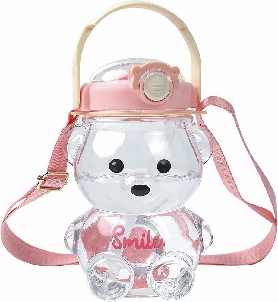 Kawaii Bear Straw Bottle,Leak-Proof Water Bottle with Adjustable & Removable Shoulder Strap for Boy and Girls (pink)