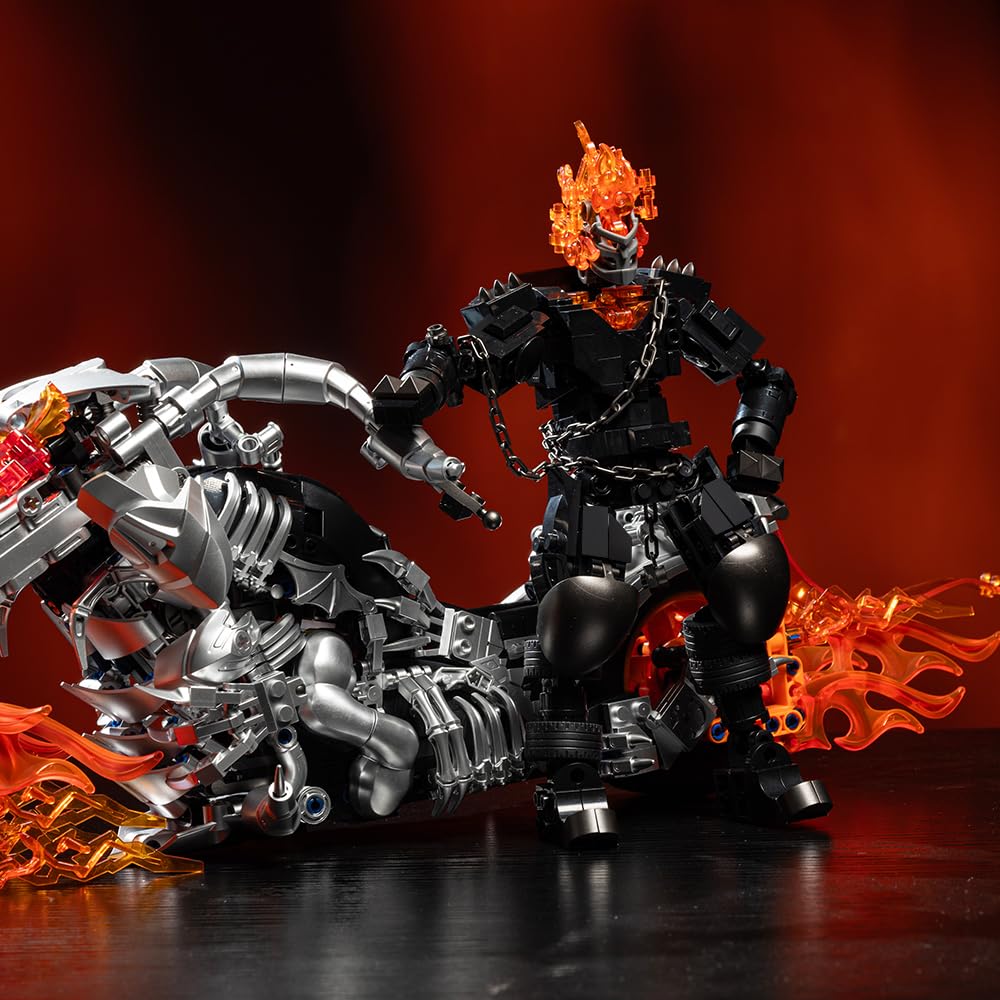 Hero Ghost Knight Klemmbausteine ​​Technik, Kreatives Motorrad Stunt Man Modellbausteine, Flame Skull Man Cooles Fahrzeug Spielzeug Geschenk für Erwachsene
