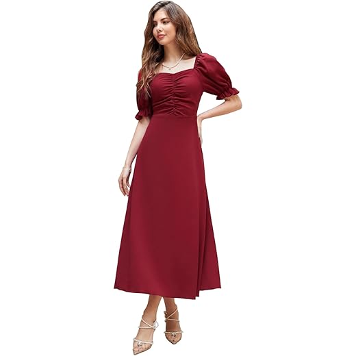 Solid A-Line Puff Sleeve Maxi Dress