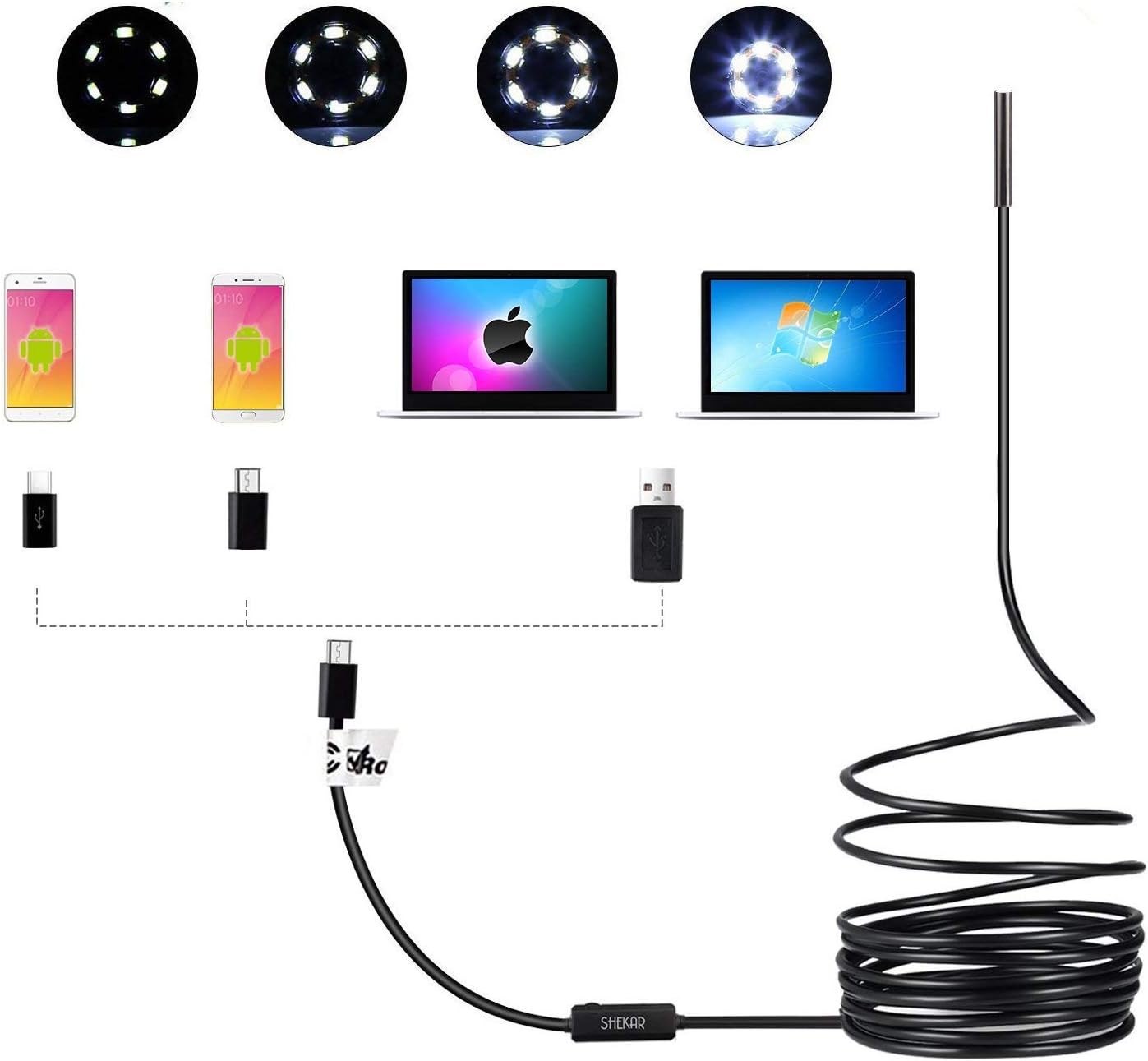 SHEKAR Ultra Slim 5.5mm Dia. Probe USB Endoscope with Semi Rigid Cable USB Type C Adapter Borescope Waterproof Inspection Camera Snake Camera for PC Laptop and Android Device 3.5M Semi Rigid Cable