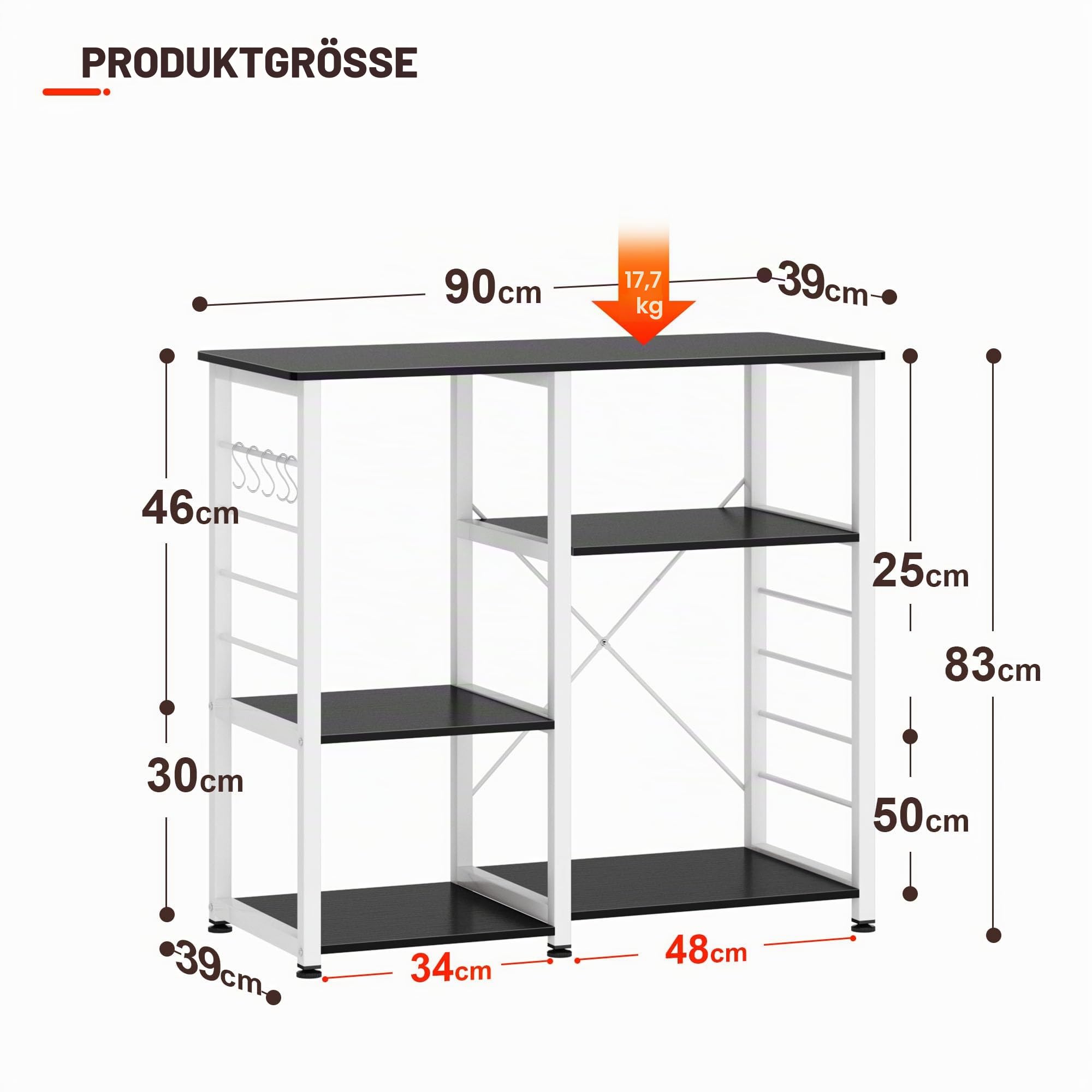 SogesPower 3-stöckiges Küchenregal Backregal Mikrowellenregal 3 Ebenen Regal mit S-Haken Küchenhelfer Gewürzregal für Ihre Küche 90 x 40 x 83 cm