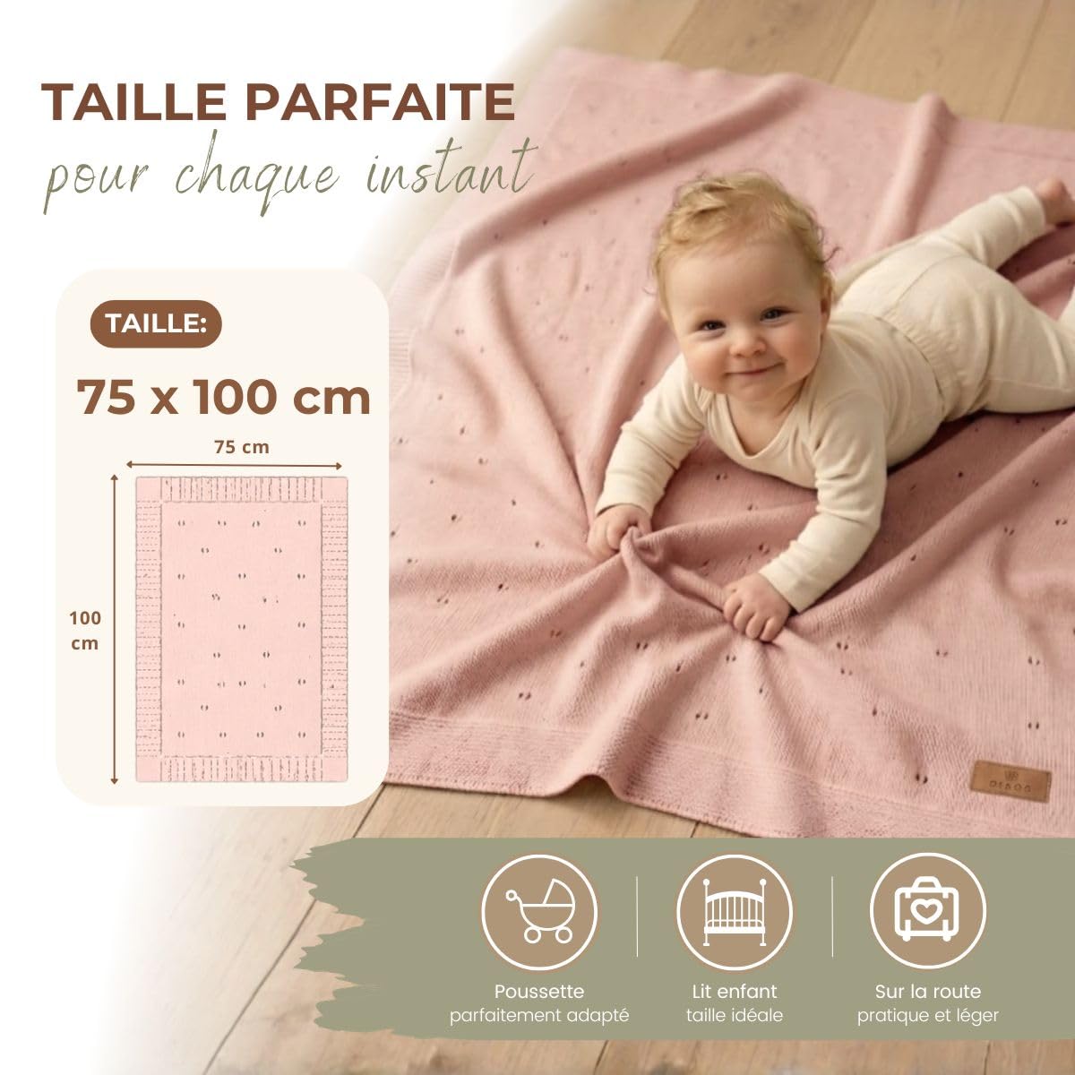 DIKOS Couverture Bébé Fille Été 75×100 cm en Coton Bio Fin (GOTS & Oeko-TEX® 100) – Couverture Tricotée Respirante et Légère pour Nouveau-né, Cadeau de Naissance (Vieux Rose)