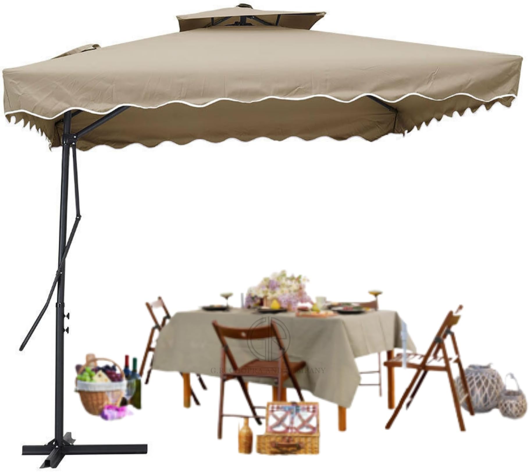 Side Pole Square Outdoor Umbrella (2.2 x 2.2 sq mtr) with Cross Metal Stand | Double Top Patio Garden Umbrella with Crossing Base for Outdoor lawn, Patio, Beach, Party, Resorts (Elegant Beige)