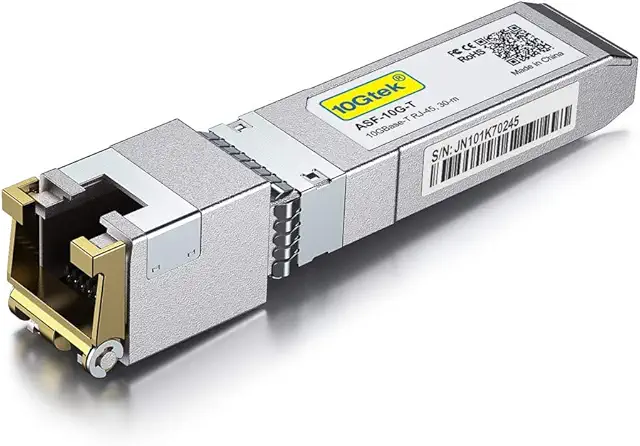 Imagen relacionada con 10Gtek 10G SFP+ RJ45 Transeiver 30 Metros, Módulo de Cobre CAT.6a 10GBase-T Compatible para Cisco SFP-10G-T-S, Ubiquiti UniFi UF-RJ45-10G, MikroTik S+RJ10, Netgear, TP-Link, D-Link, Open Switch