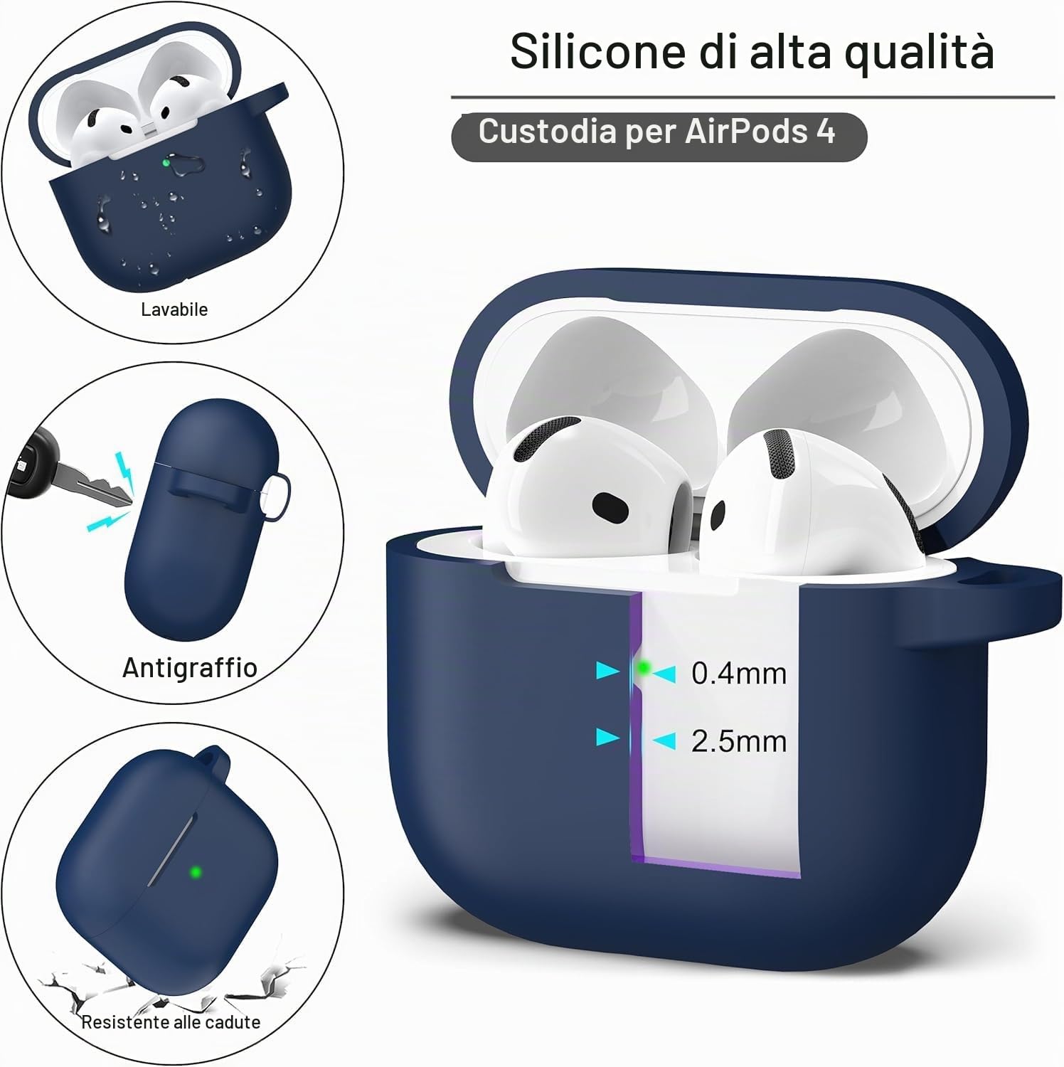 Custodia In TPU Per AirPods 4 (2024) – Antiturto Con Portachiavi E Penna Pulente, Compatta E Leggera - 3