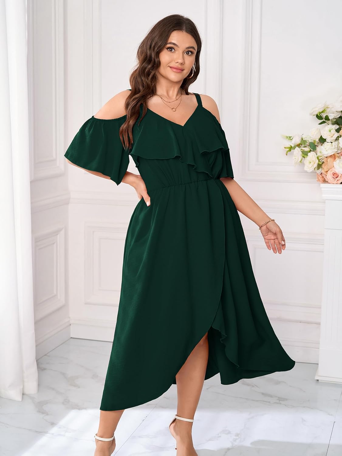 Womens Plus Size Cold Shoulder Dress Short Sleeve Ruffle Summer Sundress High Low Flowy Maxi Long Dresses - Image 8