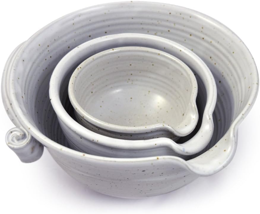 American Made Stoneware Pottery Batter Bowls, 3-Piece Nesting Set, Classic All-White Glaze
