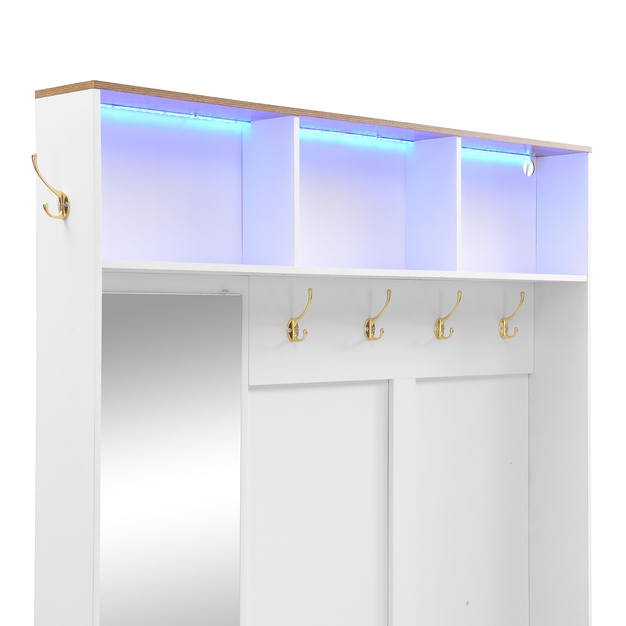 Scarpiera multifunzione per corridoio con illuminazione a LED, specchi, ganci e cassetti - Armadio per ingresso e corridoio con spazio di archiviazione e seduta, 120 L x 40 L x 187 H (cm)