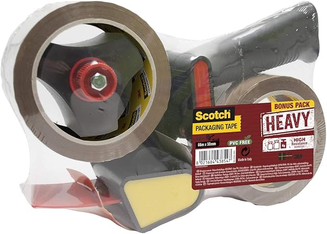 3M Scotch Heavy Duty Pistol Grip Dispenser with Parcel Tape  One-Hand Packing Tape Dispenser with 2 Rolls of High Performance Scotch Brown Tape, 50 mm x 66 m - Ideal for Packing Boxes and Parcels