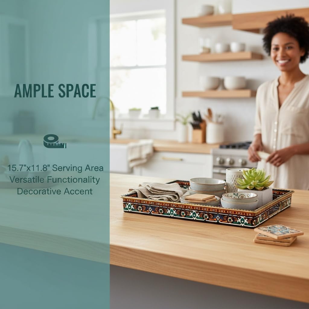 Boho Persian Rug Pattern Serving Tray with Handles, 15.7”x11.8” Rectangular Plastic Decorative Tray (Vintage Blue/Orange/Green) for Coffee Table, Ottoman, Bathroom & Living Room.