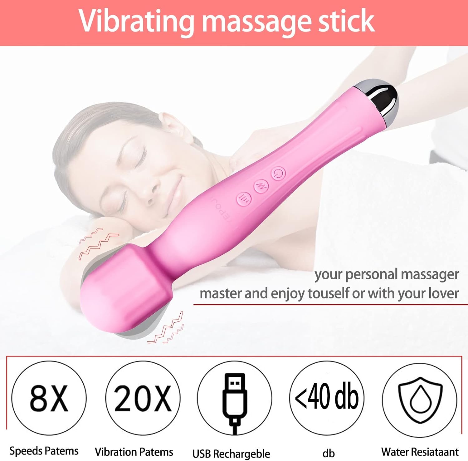 HYEPOJE Rechargeable Personal Wand Massager,20 Patterns & 8 Speeds,Silent & Waterproof,Used for Neck,Shoulder and Back Massager Exercise,Relieves Muscle Fatigue(Pink)