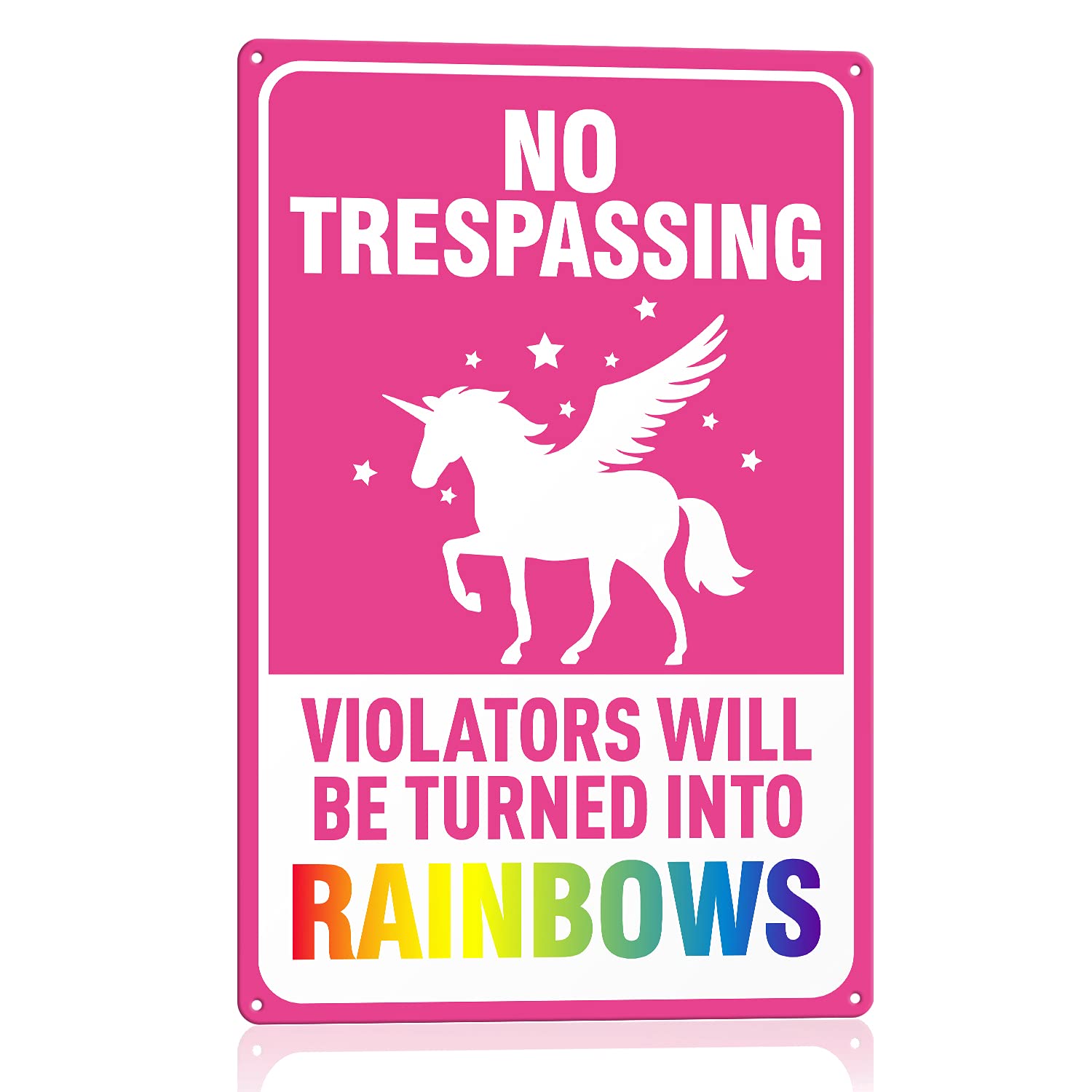 Unicorn Sign Bedroom Décor, No Trespassing Signs, Violators Will Be Turned Into Rainbows, 8 x 12 Inch Metal Aluminum Novelty Sign Décor