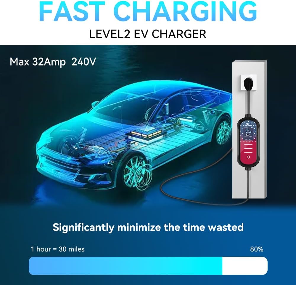 Level 2 EV Charger 32A, 240V,7.68KW, NEMA 14-50 Plug,Electric Vehicle Charger Portable,25ft Cable,Plug & Play for J1772,for Home and Outdoor (Black)