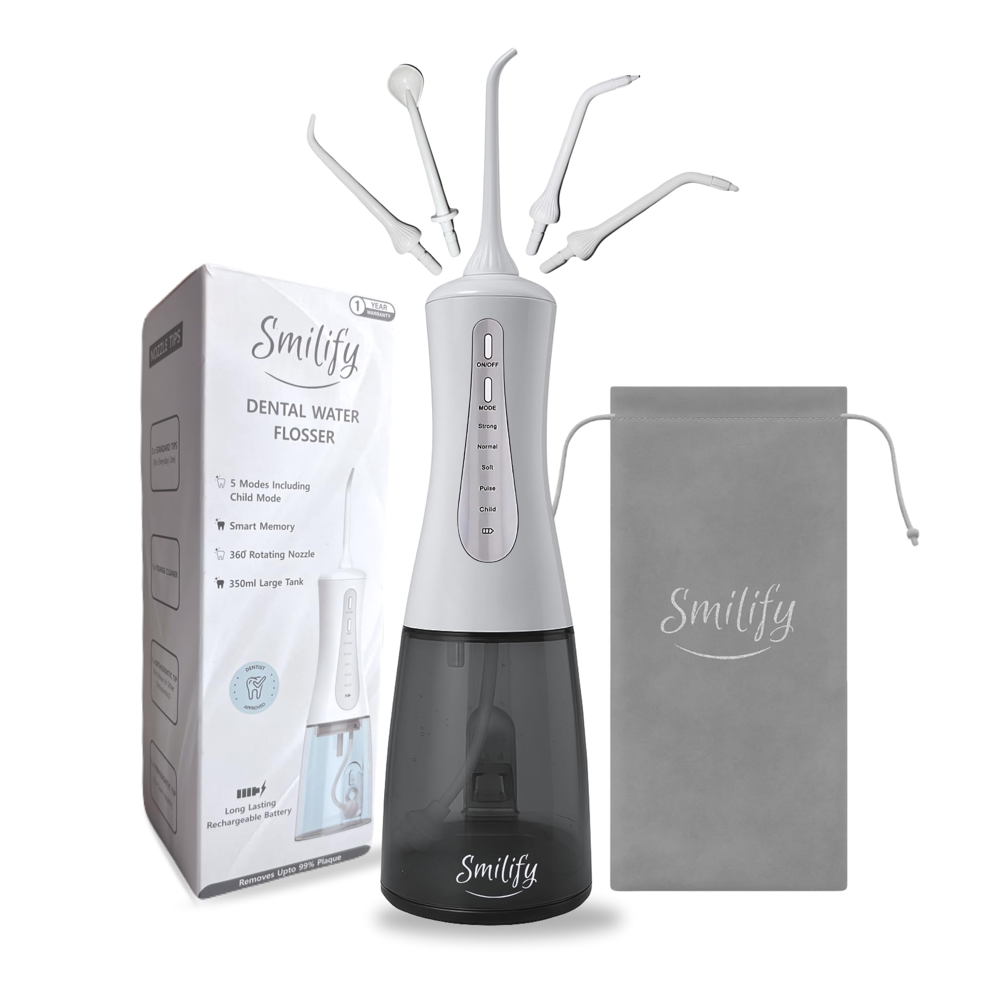 Smilify® Cordless Dental Water Flosser For Teeth | 5 Modes (Including Child Mode) | 5 Tips for Complete Oral Care | Large 350ml Detachable Water Tank | IPX7 Waterproof | USB-C Rechargeable Long-Lasting Battery | 1 Year Warranty