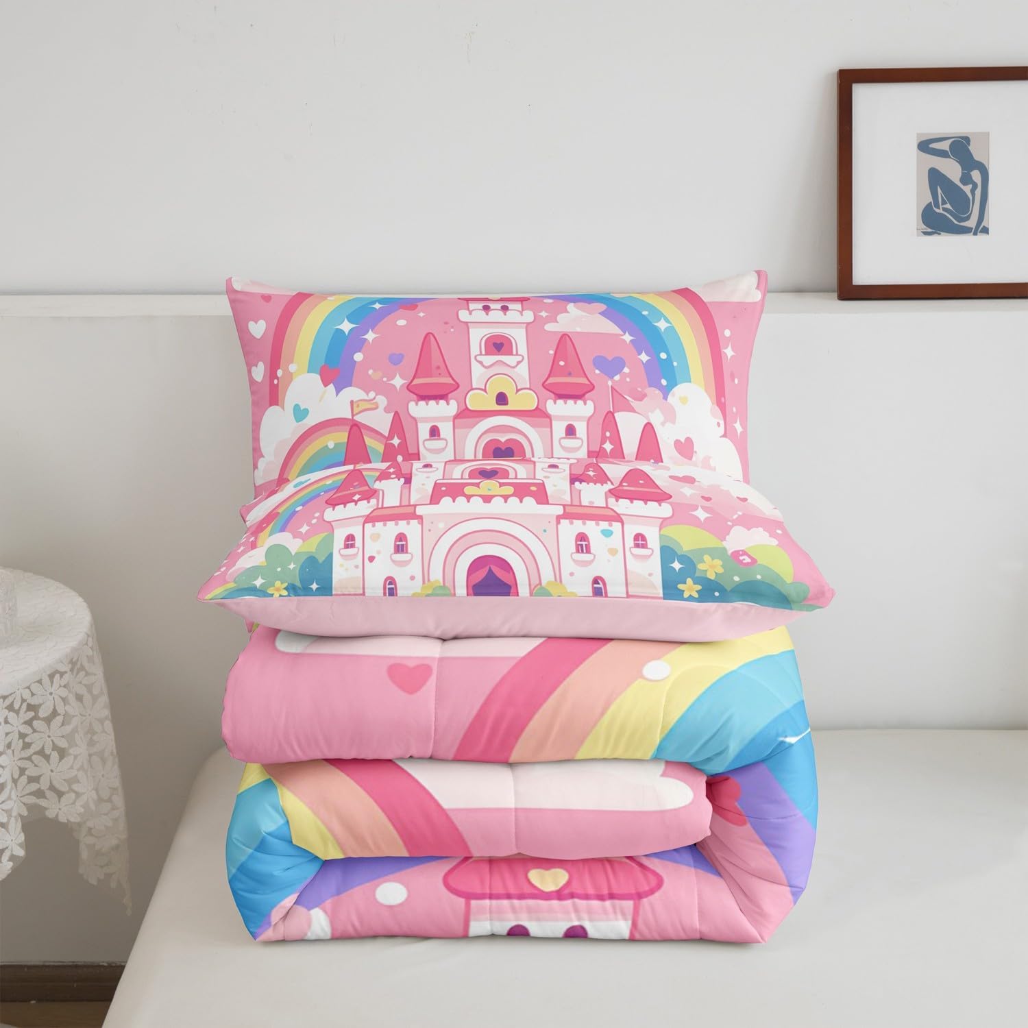 Feelyou Kids Cartoon Castle Comforter Set Toddler Size, Princess Bedding Set Castle Comforter for Kids Boys Girls Dreamy House Duvet Insert Room Decor with 1 Pillow Case