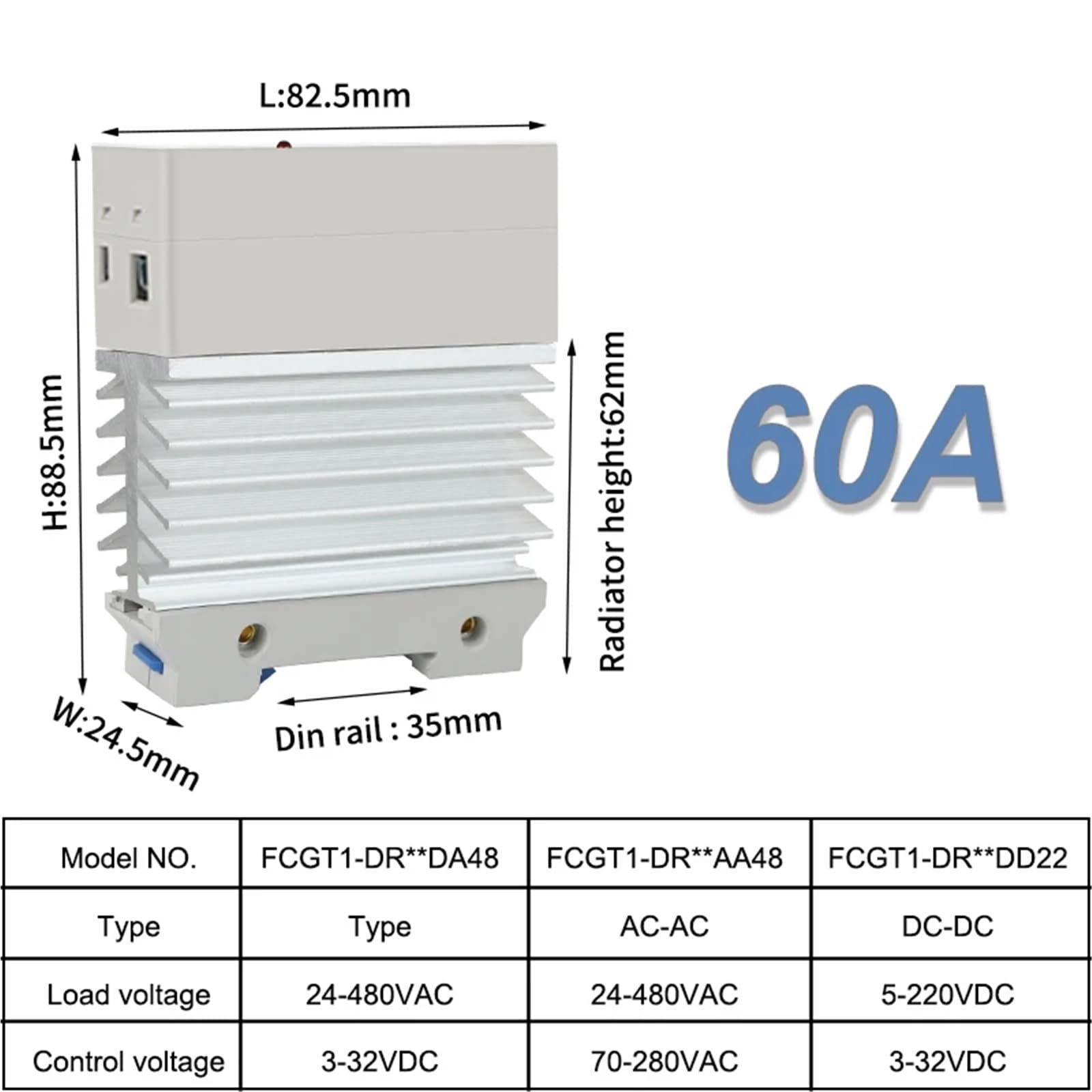 Relè a stato solido SSR sottile monofase da 10 A, 25 A, 40 A, 60 A, 80 A, 100 A con dissipatore di calore, relè industriale, montaggio su guida DIN, 1 pezzo(AC control AC,60A)