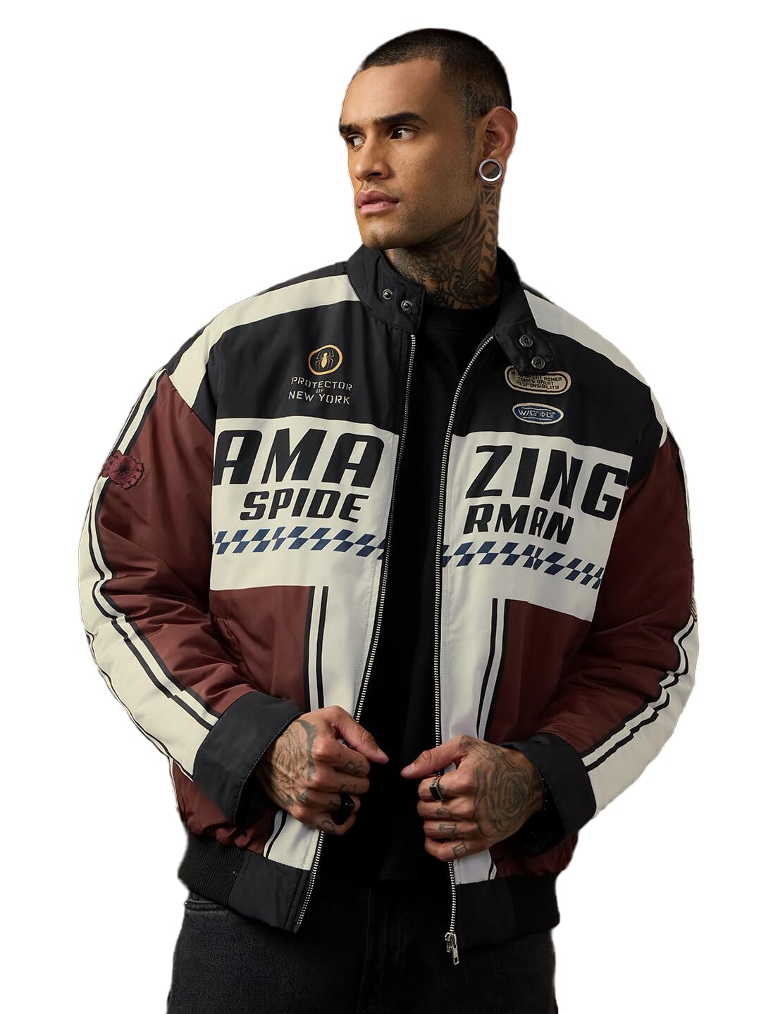 Spider-Man: Peter Parker Men and Boys Full Sleeves Stand Collar White Maroon and Black Graphic Printed Polyester Oversized Fit Lightweight Bold Design Racer Jacket-image-35