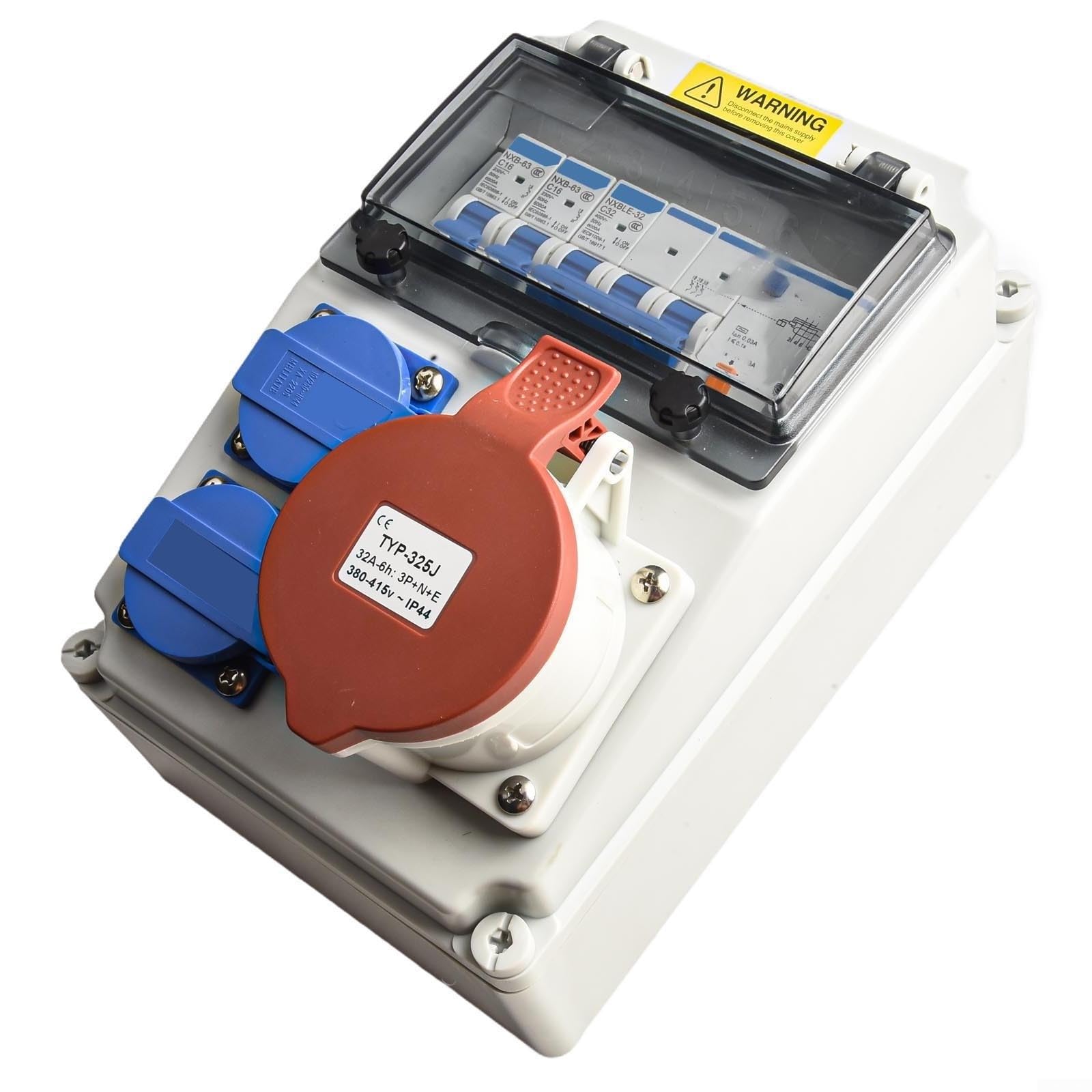Distribuidor de corriente para construcción IP65, montaje en pared con interruptor de protección FI, 2 x para Schuko 10 A y 1 x para CEE 400 V 32 A, distribuidor exterior impermeable de ABS + PC para