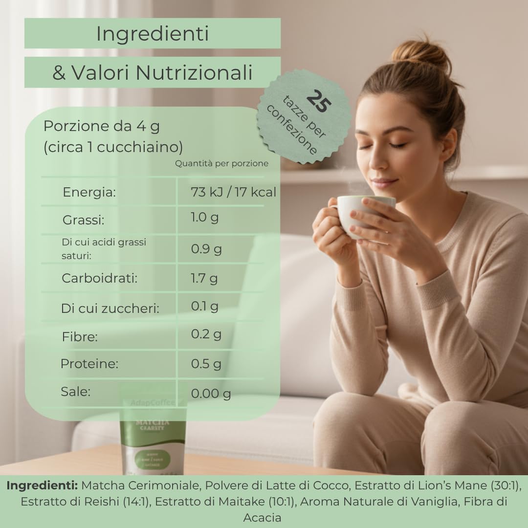 Matcha Clarity – Tè Matcha Cerimoniale con Funghi Adattogeni – Lion’s Mane, Reishi & Maitake – Energia Naturale & Concentrazione – Vegano, Senza Zuccheri Aggiunti – 25 Tazze (100 g)