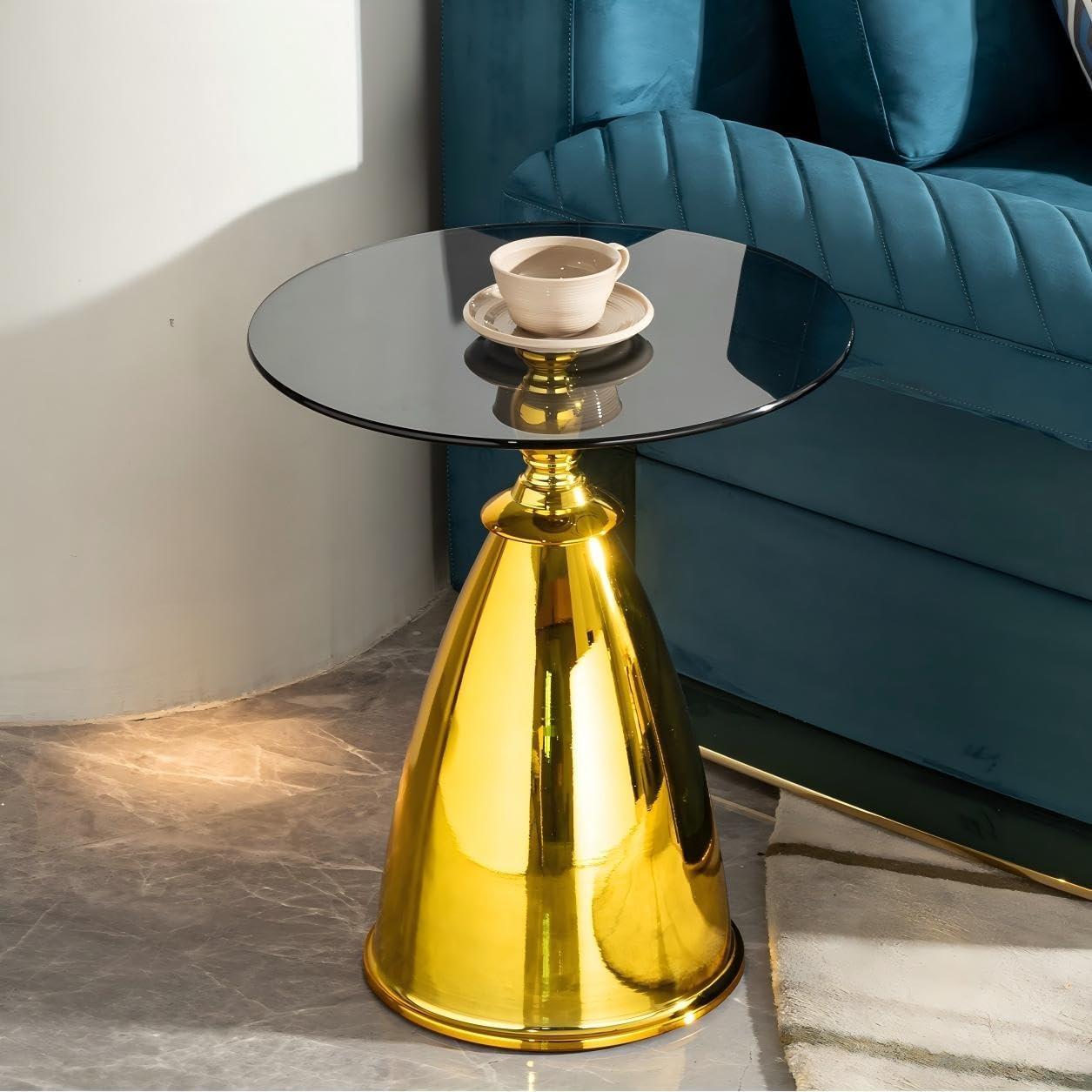 Luxury Side Table with Gold Cone Base, Carbon Steel,18'' Diameter Round Tempered Glass Top,Modern Living Room end Table,Contemporary Accent Table