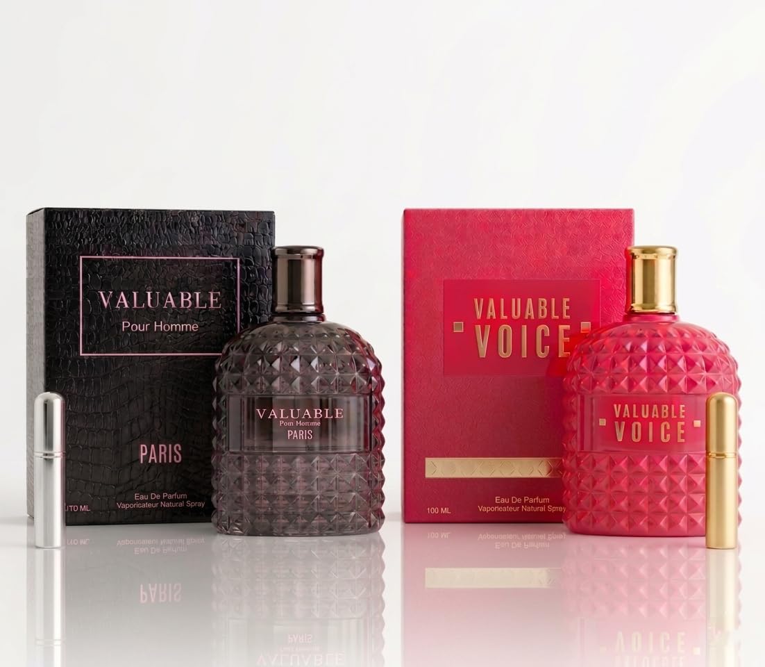 Valuable Paris Luxury Fragrance Set – Valuable Pour Homme & Valuable Voice Eau De Parfum for Men and Women, 100ml Bottles with 2 Refillable Travel Atomizers, Long Lasting Premium Scent Gift Box