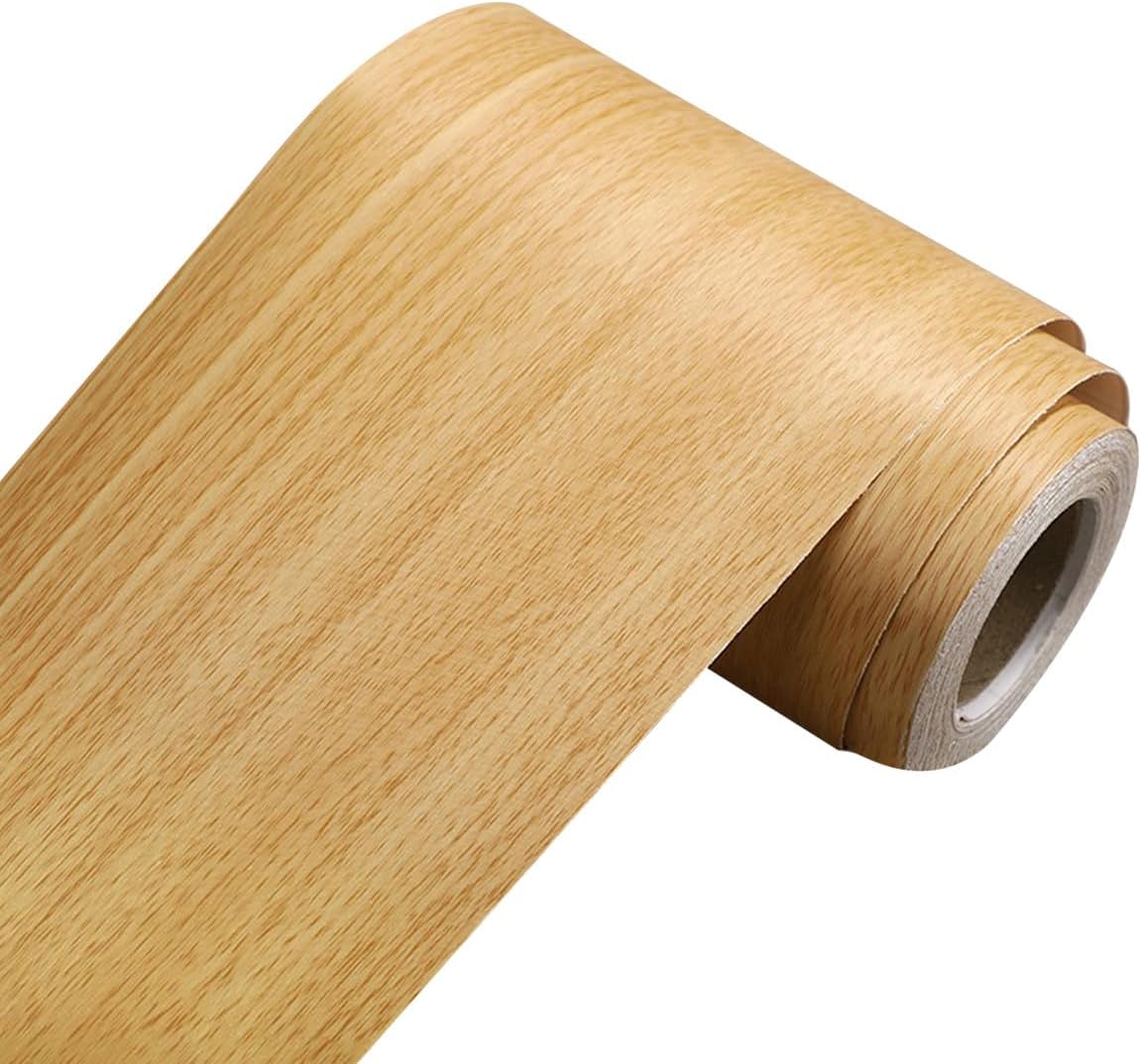 Vinyl Wood Grain Wallpaper Border, 15.75" x 196.85" Self-Adhesive Yellow Wood-Like Decorative Edge Trim Tape Strip for Door Frames, Furniture & Floor Renovation