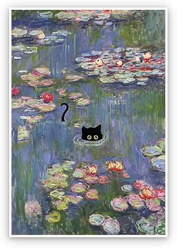 Lianxiaw Lienzo floral divertido de gato negro, arte para la pared, pinturas al óleo famosas, póster de gato negro, estampado de gato funky,