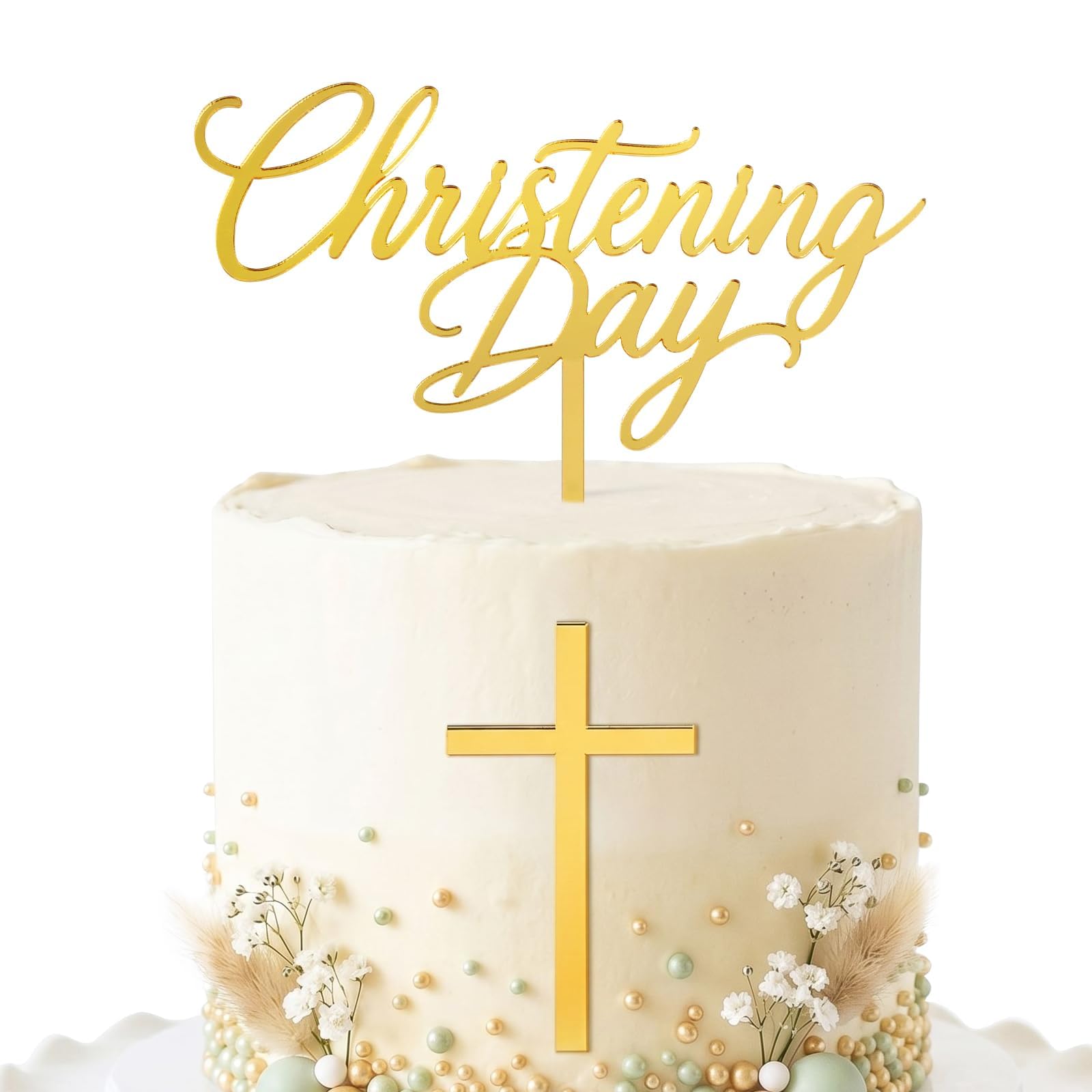 DOORIO Christening Day Cake Toppers Cross Gold Acrylic Cake Decoration for Christening Confirmation Baptism Holy Communion Party Supplies