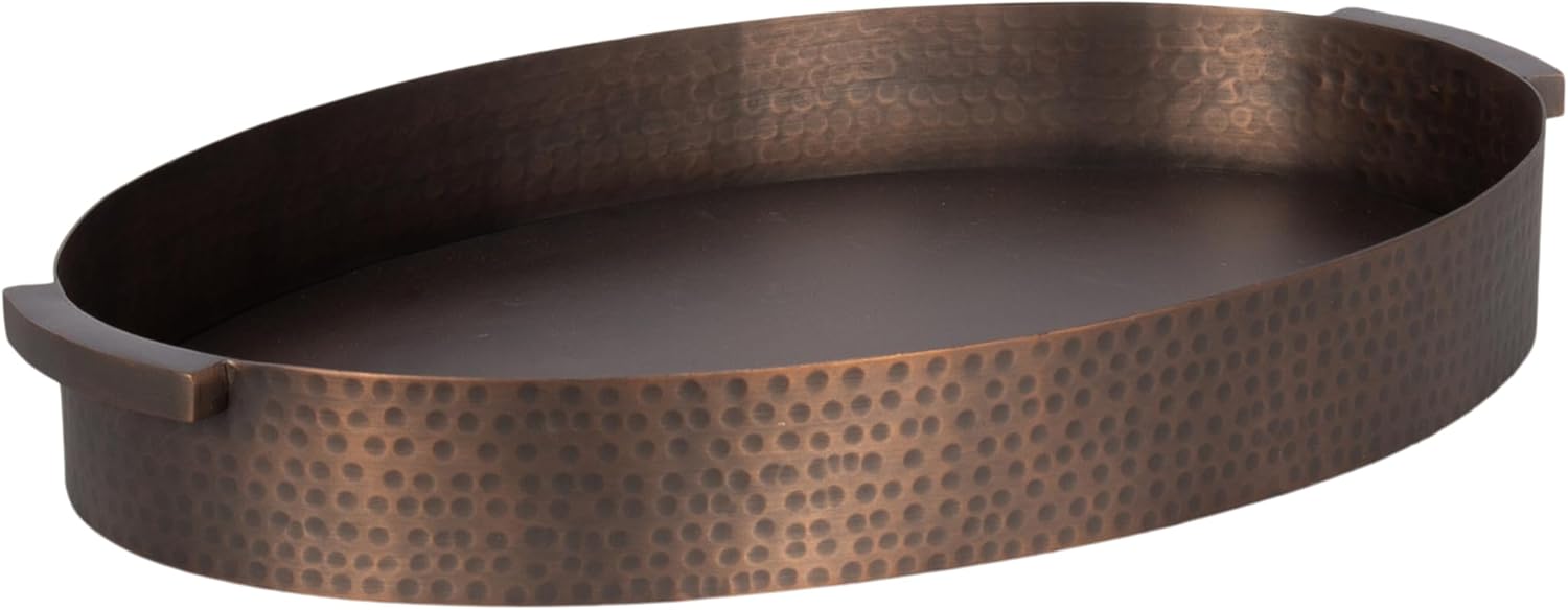 Kate and Laurel Samana Modern Oval Metal Tray, 16 x 10, Bronze, Polished Decorative Serving Tray with Hammered Surface for Use as Ottoman Tray or Entryway Decor