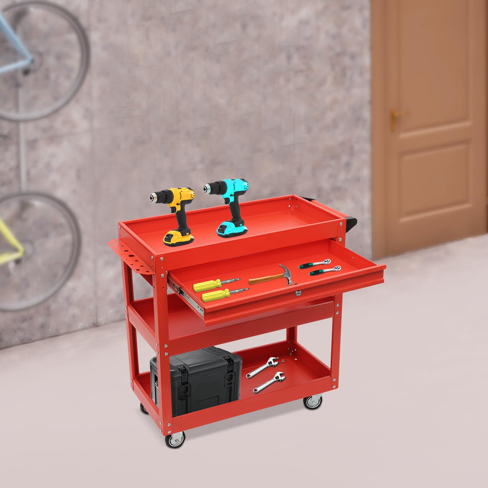 Carrello da officina con 3 ripiani, portata fino a 150 kg | Carrello da officina con ruote, carrello di trasporto con cassetto, per attrezzi garage officina