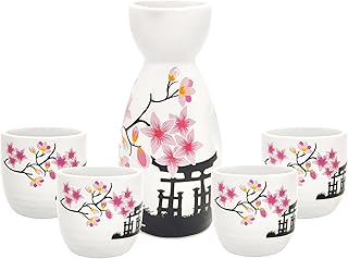 Old Craftsmen's 5 Piece Japanese Sake Cup Set Hand Painted Cherry Blossoms Flower Design Porcelain Pottery Traditional Cer...
