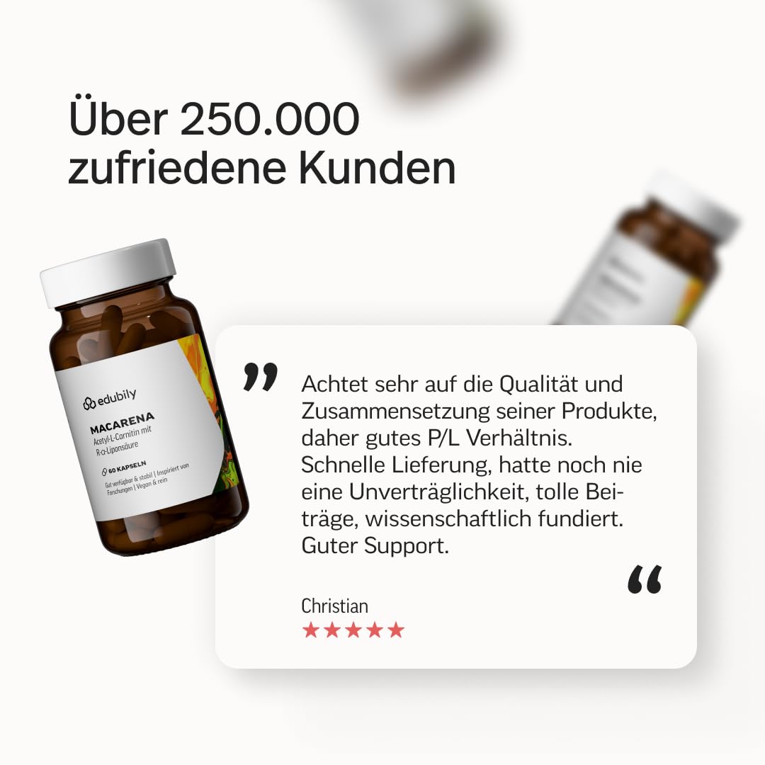 edubily® Macarena - Alpha Liponsäure mit Acetyl L Carnitin - jeweils 200 mg - Vegan - Laborgeprüft (60 Kapseln)