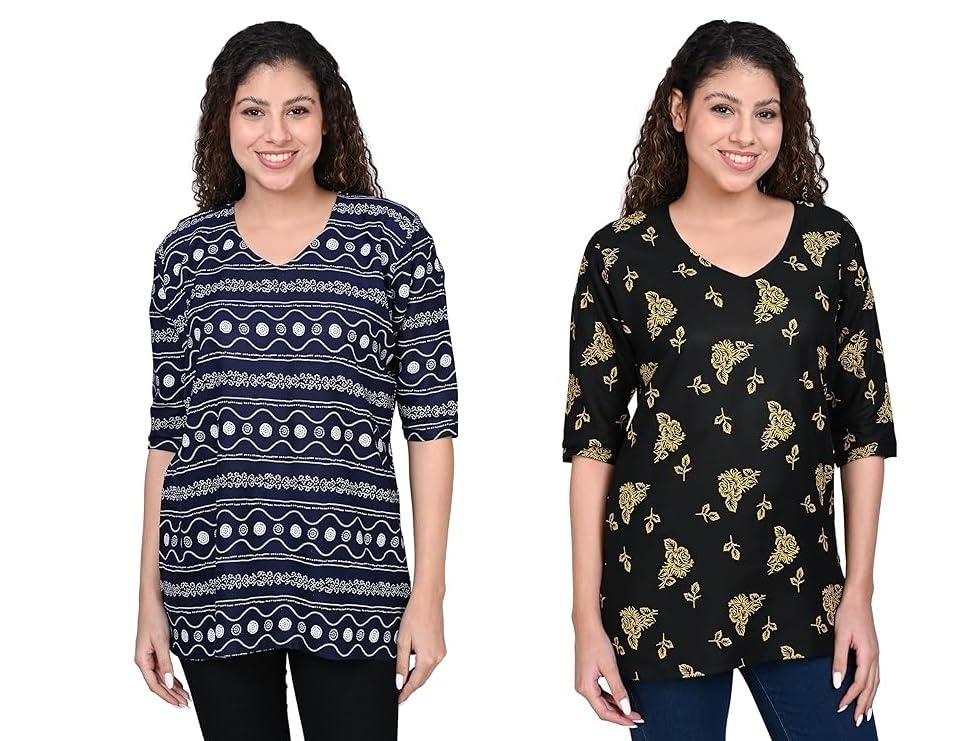Image of OFEEFAN Women's Rayon Printed Short Kurtis - Pack of 2 | Ethnic Wear for Women | Regular Fit Comfortable Kurtas for Casual