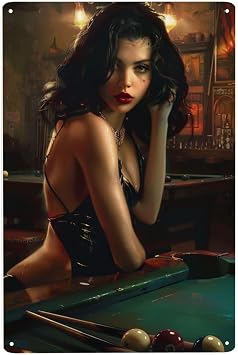 Vextrovia Vintage Billiards Metal Wall Art Pool Girl Leaning On Pool Table, Retro Billiard Hall Decor, Vintage Metal Tin Sign Wall Decor,Decorative Accessories For Billiard Halls, Wall Decor 5.5x8inch