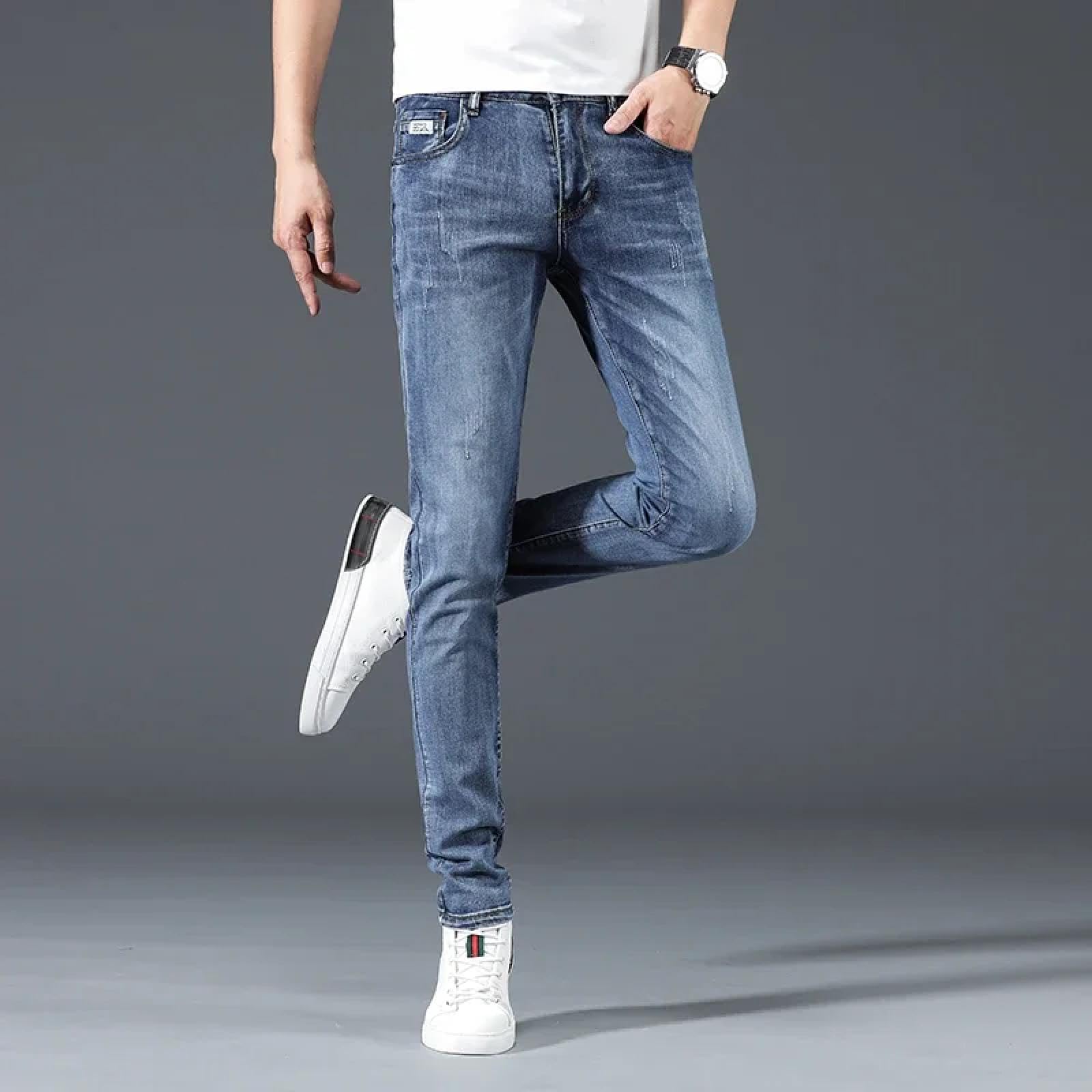 Jeans Pantalon Herren-Jeans Stretch Gerade Kleine Füße Slim Fit Modisch Casual Denim Lange Hosen Männer