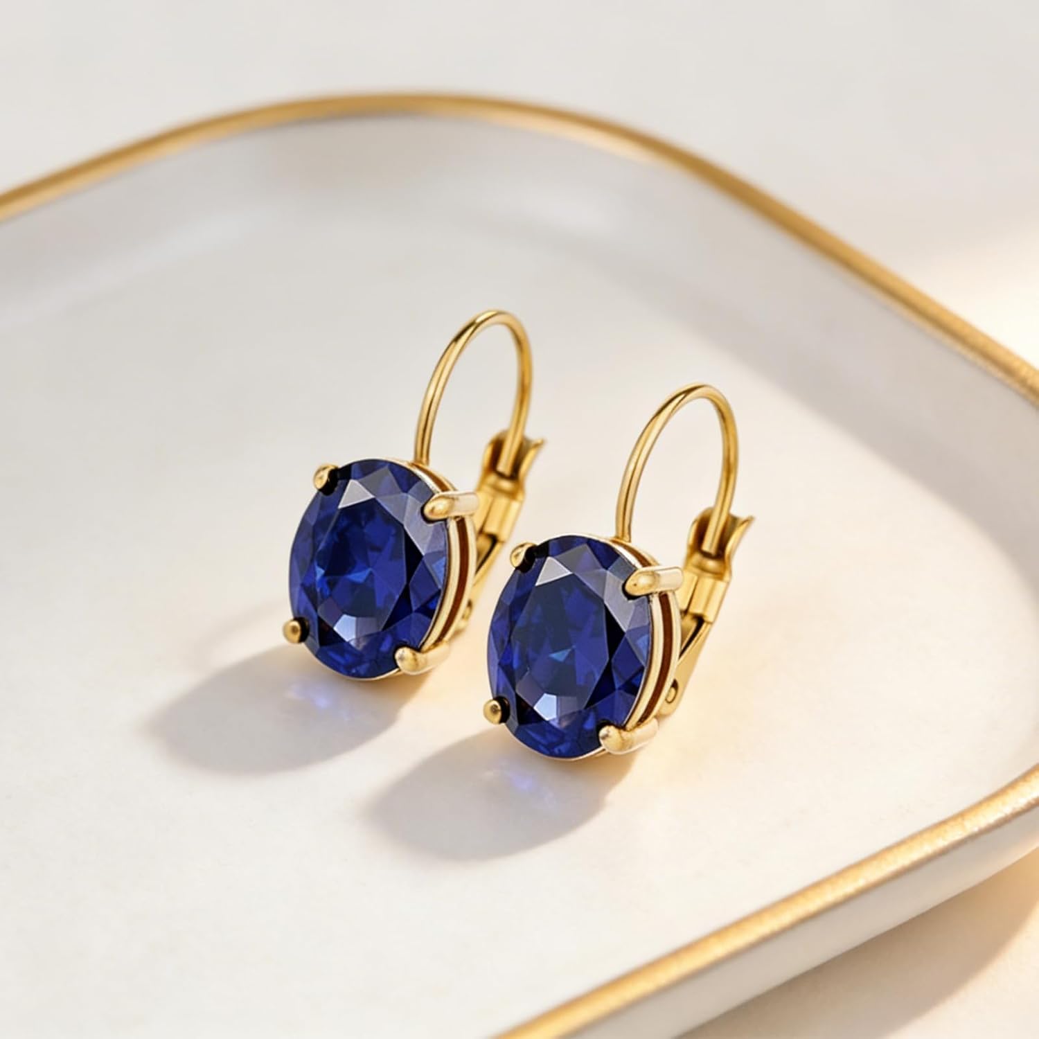 Cut-Oval Birthstone Leverback Earring for Women 18k Gold Electroplated Hanging Lever Drop Earring Oval Synthetic Gemstone CZ Earring Jewelry Birthday Gift for Her