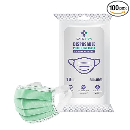 Careview 3 Ply Disposable Surgical Face Mask Pouch with Soft Fabric Earloop & Built in Nose Pin, Certified by BFE>99% & PFE > 95%, SITRA, DRDO, ISO & CE (Pack of 100, Green, Without Valve) for Unisex