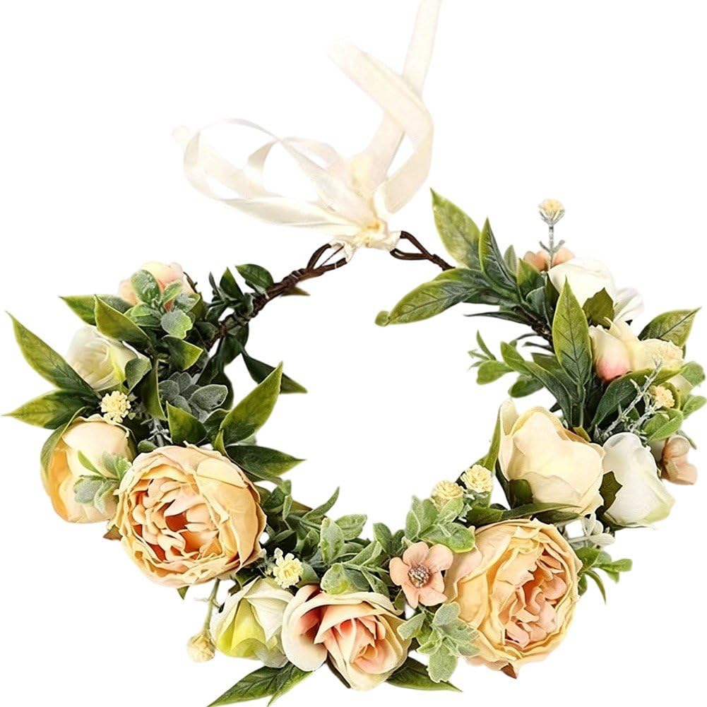Sslvya Artificial Flower Crown Bridal Floral Headband Hair Wreath Flower Headpiece with Ribbon for Women Wedding Party Photo Props
