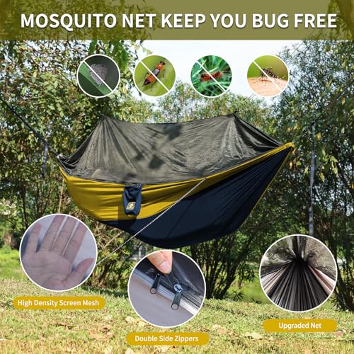 Image of Camping Hammock with Net,Portable Lightweight Double Hammocks with Tree Straps and Solid D-Shape Hanging Hooks,Parachute Nylon Hammock for Backpacking Beach Backyard Patio Hiking