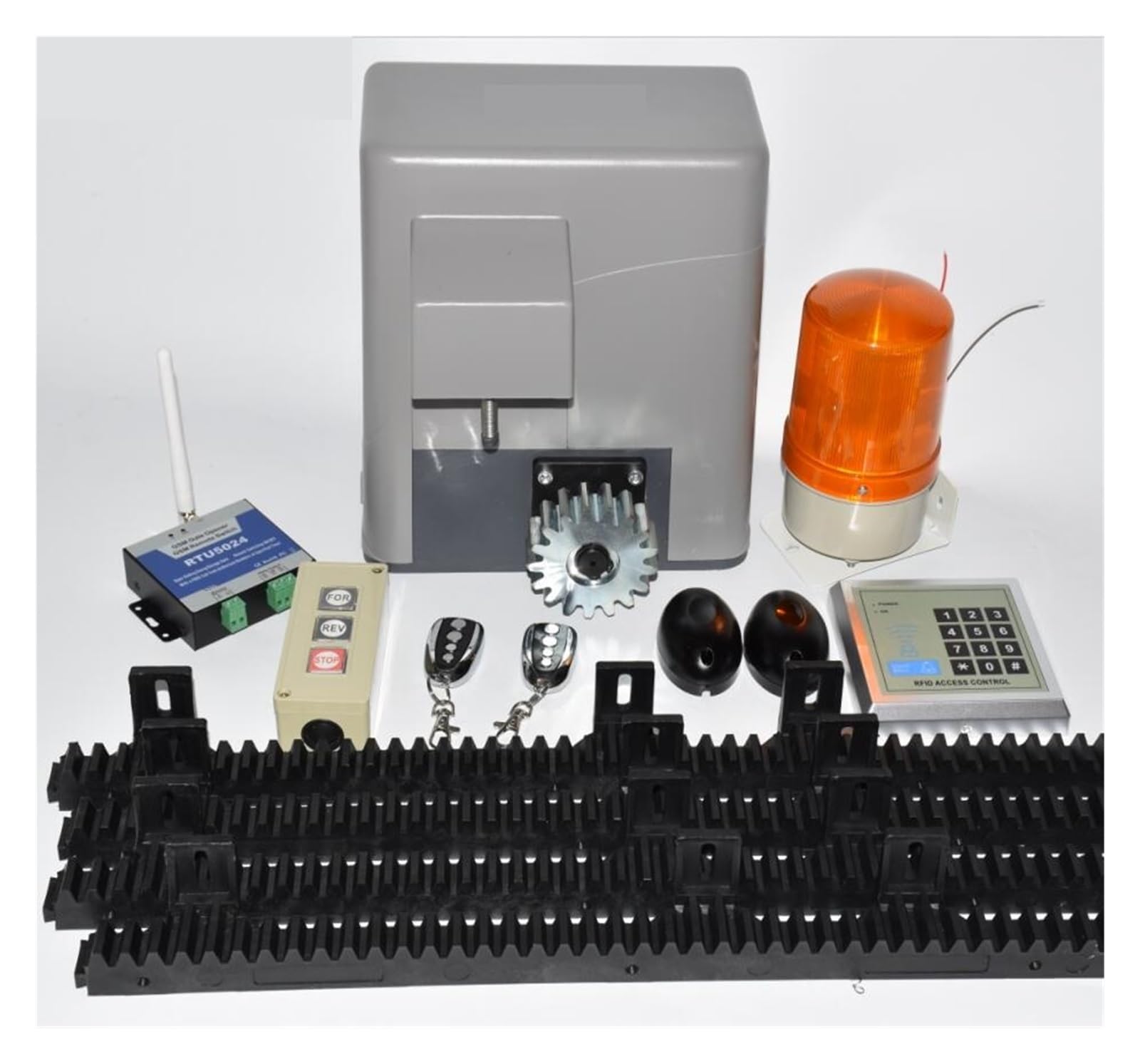 Abridor automático de puertas, Motor eléctrico automático for abrir puertas corredizas, 600 kg, 4 mandos, bastidores de 5 m/6 m, 1 teclado, 1 lámpara y 1 sensor para familias numerosas, comunidades pe