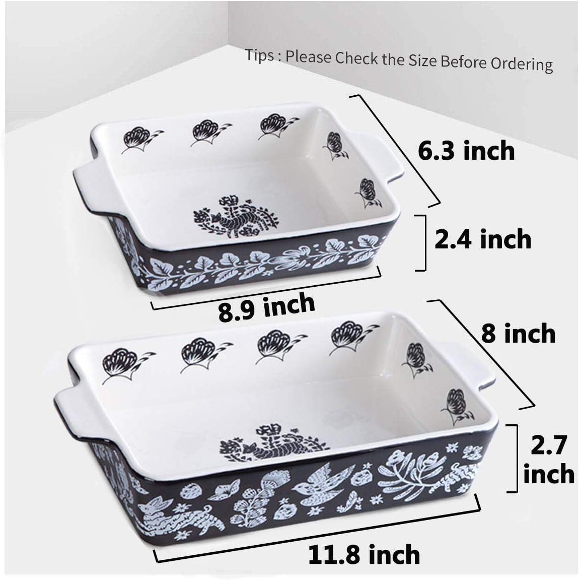 Bakeware Set,SIDUCAL 2 Piece Ceramic Baking Dish Set,Rectangular Home Cookware Pans with Double Handle,Casserole Dish for Cooking,Kitchen,Dinner Daily Use,Black