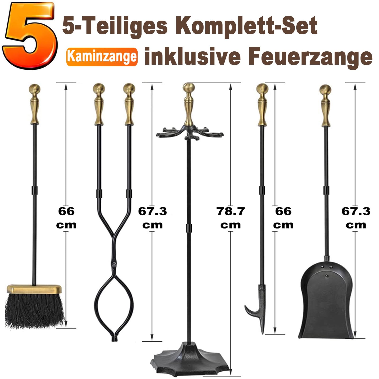 Amagabeli Kaminbesteck mit Messinggriffen, Schmiedeeisen und Halter, 67,3 cm, für drinnen und draußen, Feuerstelle, Ständer, Zange, Schaufel, Bürste, Schornstein, Schürhaken, Holzofen, Kaminzubehör