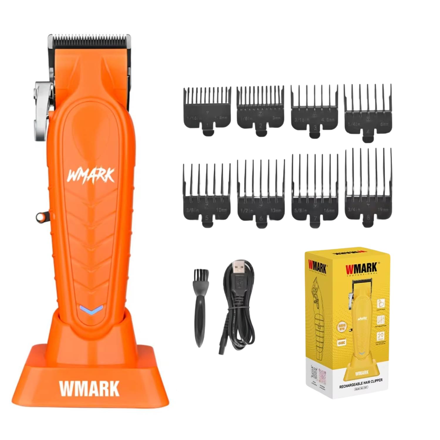 wmark ng-139a premium salon series 8000-8500rpm 385 double ball motor zero gapped hair clipper high precision fade blade with dlc process 2500mah battery usb charging & stand 180-min runtime orange