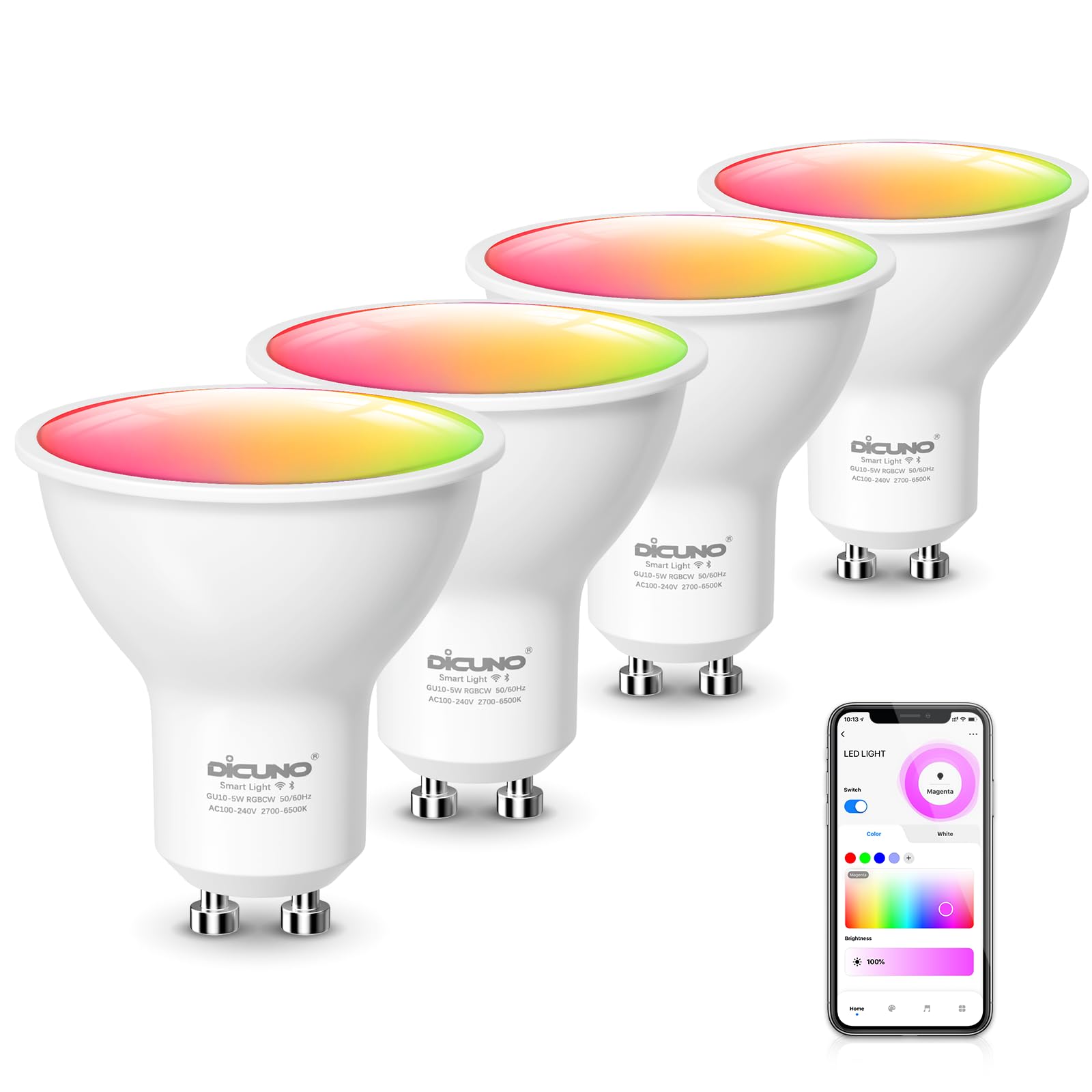 DiCUNO Bombilla LED Inteligente WiFi GU10, 5W Equiv. 50W, RGBCW, Pack de 4 | Regulable multicolor 2700K-6500K, 320lm, GU10 LED Compatible con Alexa, Google Home, No se Requiere Concentrador