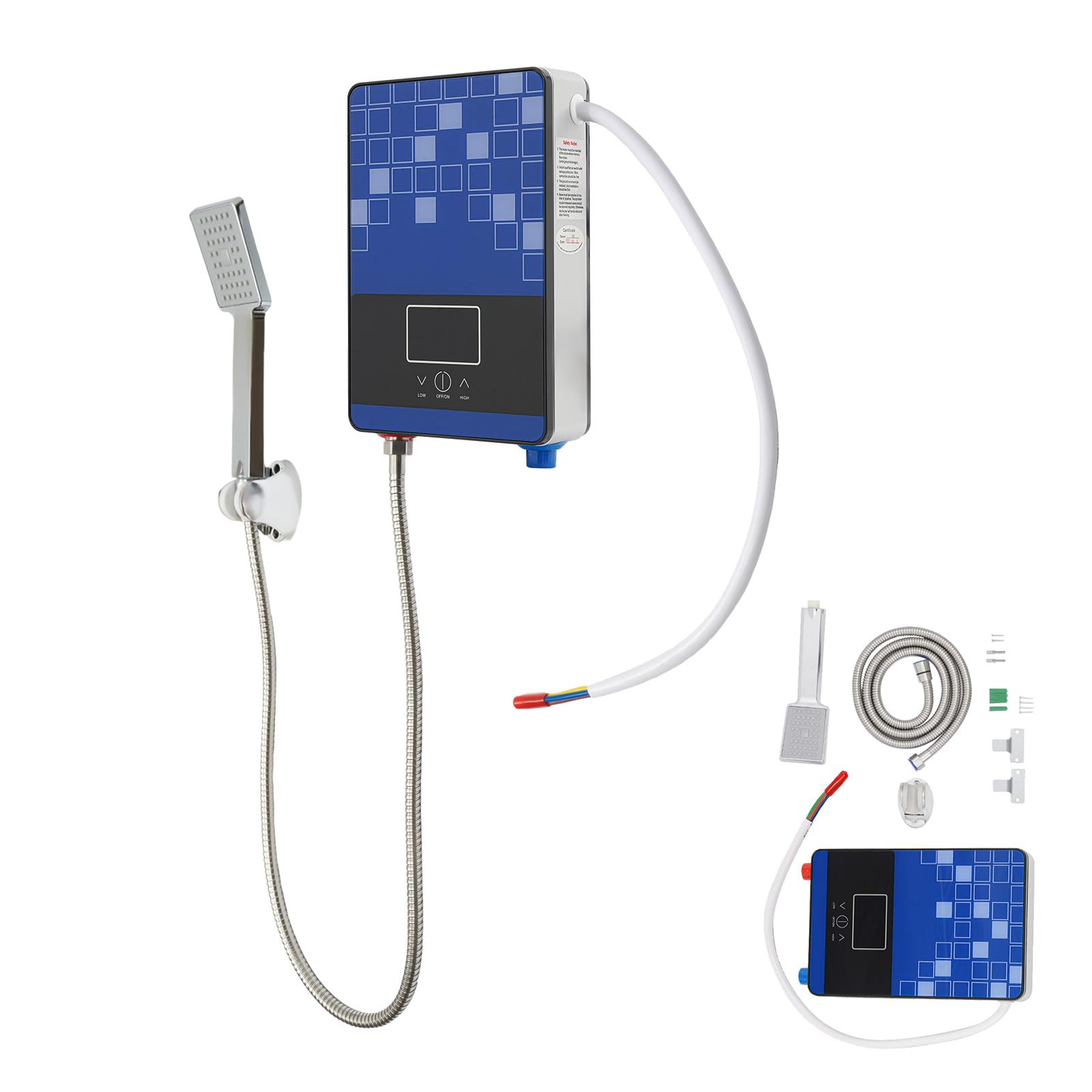 6500W Warmwasser Bade Sofort Durchlauferhitzer, 30-55°C Sofortiger Elektrischer Tankloser Warmwasserbereiter, Tankless Heißwassersystem, Digital Bad Dusche Set mit Duschkopf&Duschschlauch (Blau)