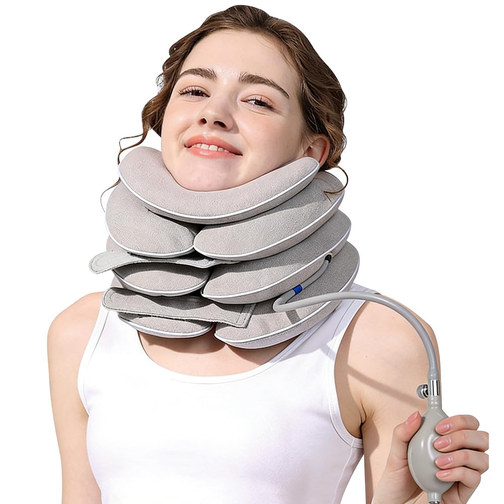 Étireur cervical gonflable, Soutien du cou avec conception d'étirement à 3 niveaux et support mentonnier, Oreiller cervical gonflable, Minerve pour le soulagement des douleurs chroniques (Gris clair)