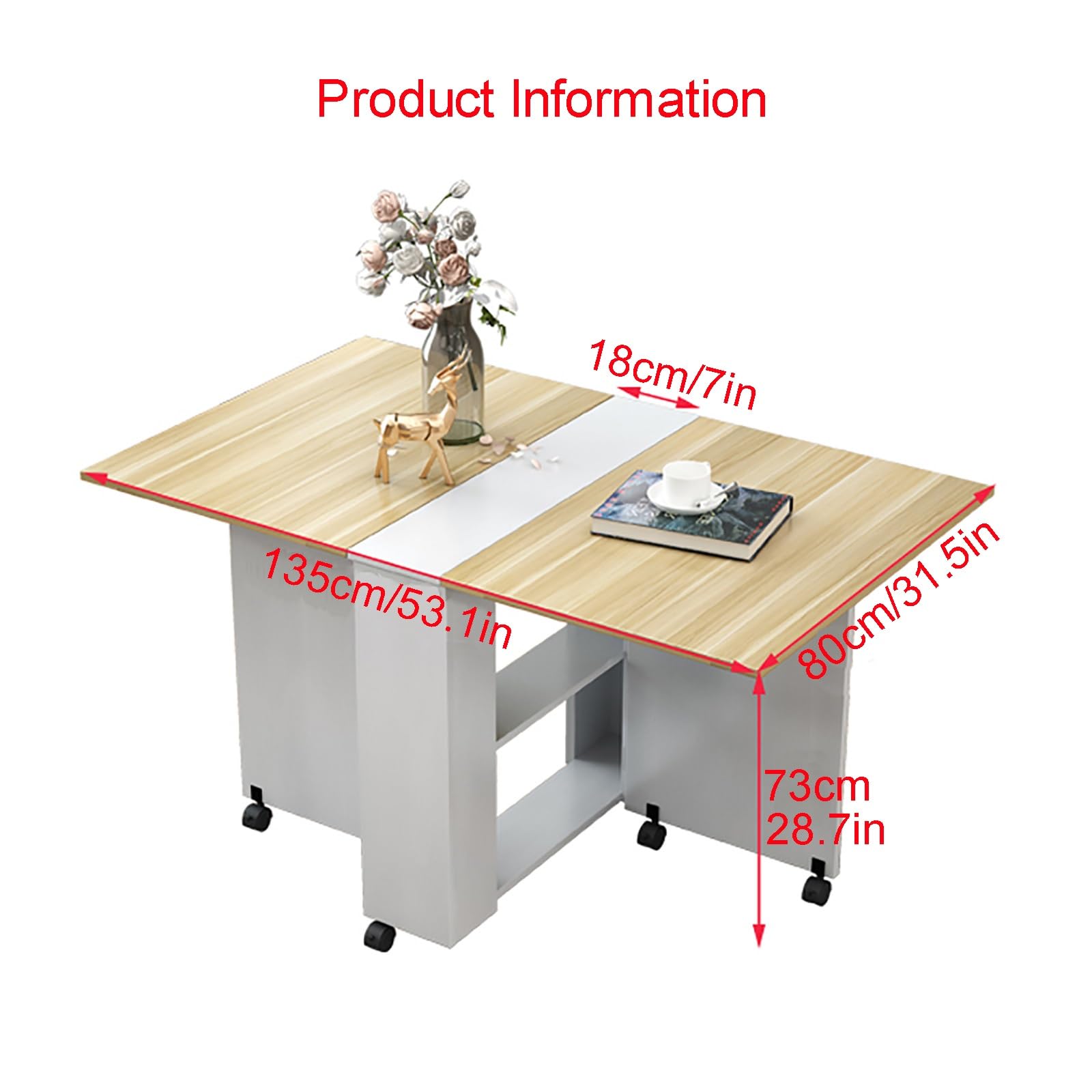 Table de salle à manger pliante multifonctionnelle avec 6 roues et étagères de rangement pour économiser de l'espace Table de cuisine pour chambre à coucher et salle à manger (135 cm 5)